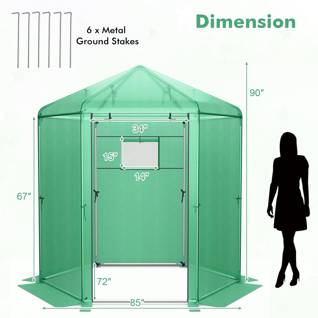 Giantex 7 x 6 x 7.5 FT Greenhouse, Large Hexagonal Walk in Greenhouse Outdoor with Heavy-Duty Metal Frame