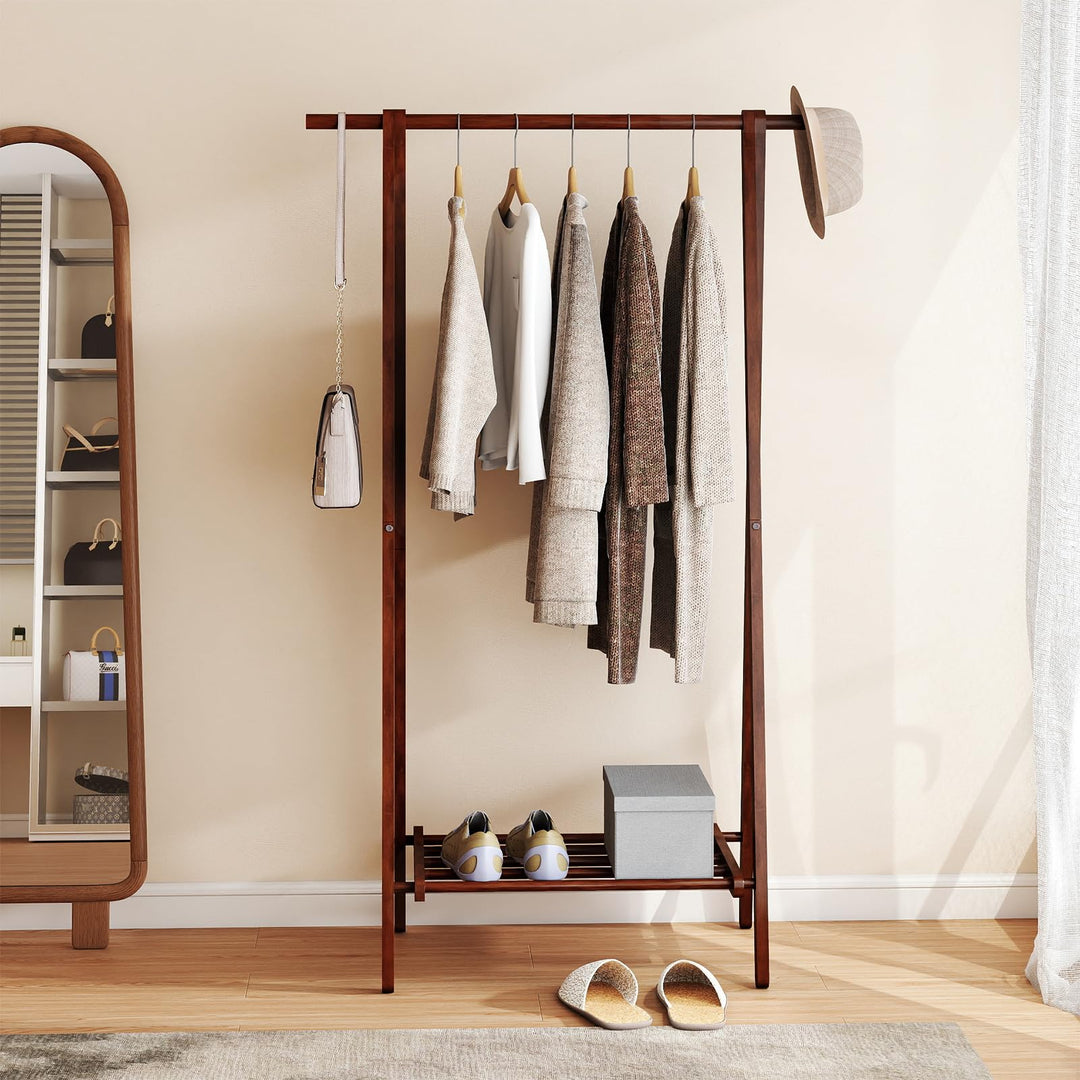 Giantex Folding Rubber Wood Clothes Hanging Rack Standing Garment Rack with Bottom Storage Shelf
