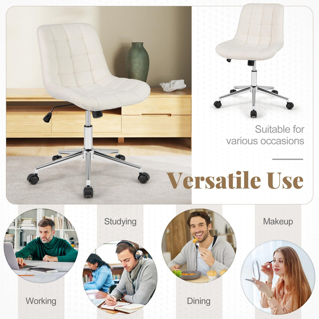 Giantex Armless Office Chair, Modern Faux Fur White Vanity Chair with Wheels &amp; Adjustable Height