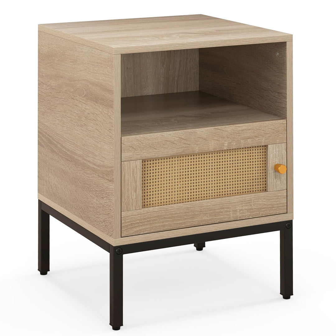 Giantex Rattan Nightstand, Boho Night Stand with Open Storage Shelf &amp; Rattan Decorative Door