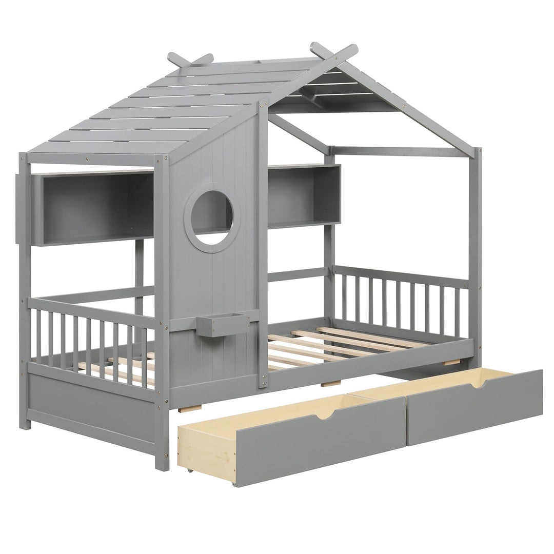 Giantex Twin House Bed with 2 Storage Drawers, Kids Bed Frame with Storage Cubes, Montessori Bed with Fence Guardrails &amp; Roof