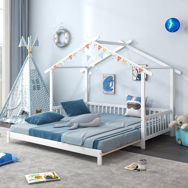 Giantex Extendable House Bed for Kids, Twin to King Daybed with Roof &amp; Fence Rails, Wood Kids Bed Frame for Teens