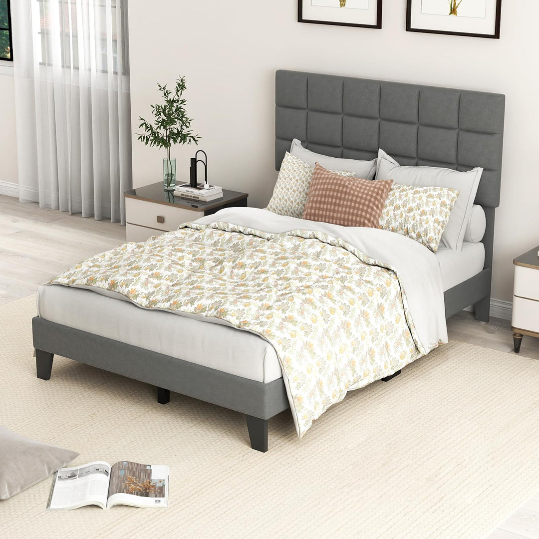 Giantex Full Size Platform Bed, Linen Fabric Upholstered Bed Frame with Adjustable Headboard &amp; Wooden Slat Support