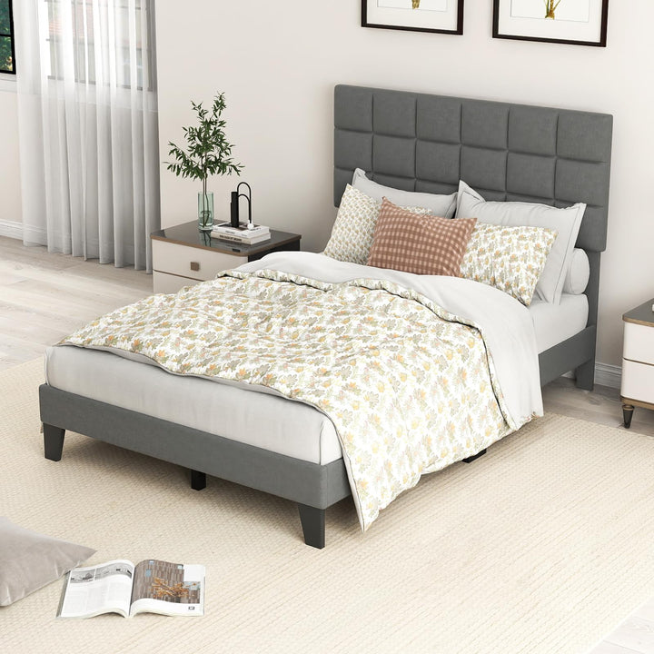 Giantex Full Size Platform Bed, Linen Fabric Upholstered Bed Frame with Adjustable Headboard &amp; Wooden Slat Support