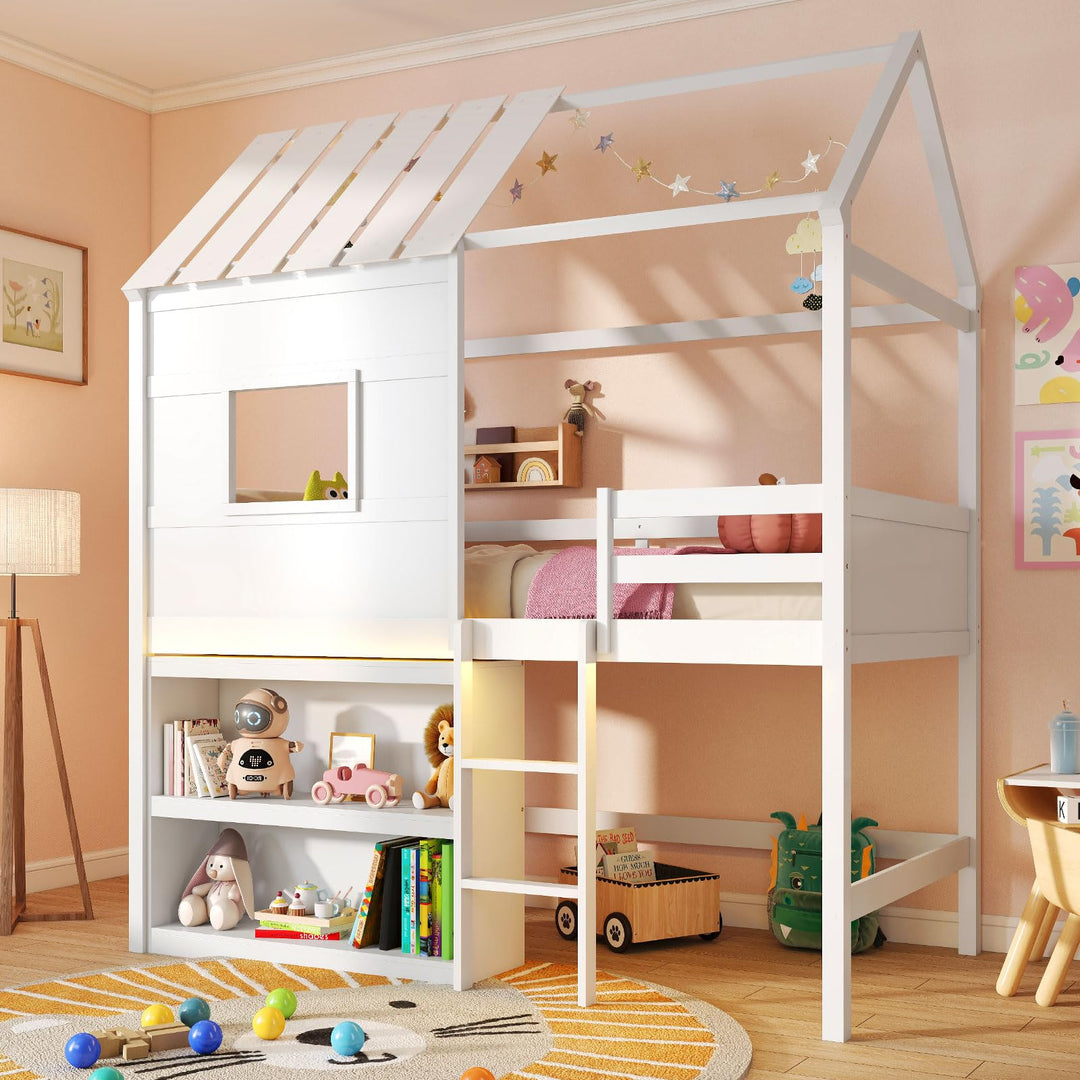 Giantex Twin Size Loft Bed with LED Lights Roof Window and Storage Bookshelf