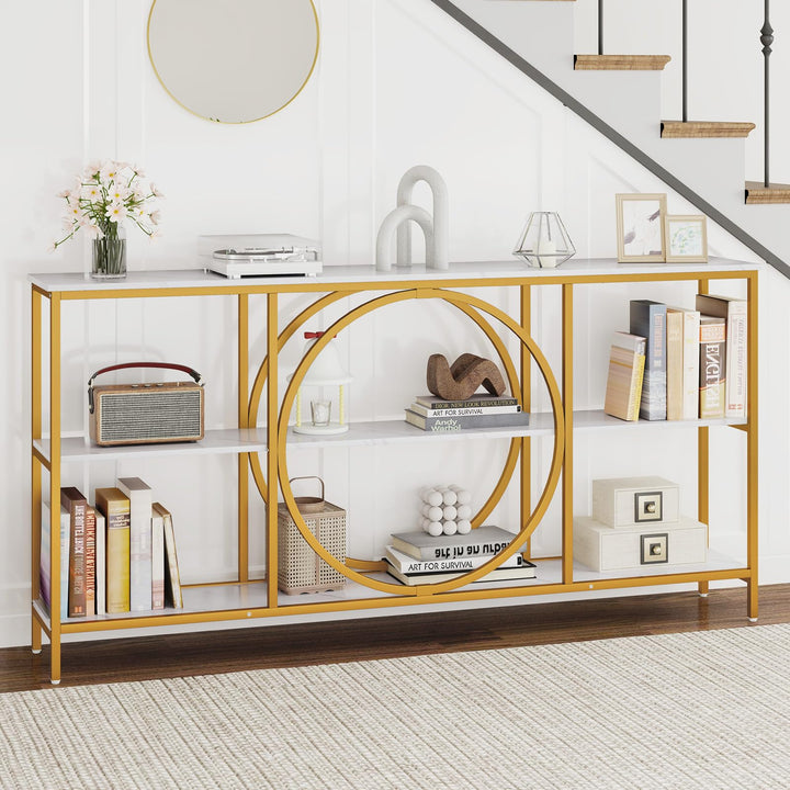 Giantex 3-Tier Long Console Table Narrow Entryway Table with Faux Wood Grain Top &amp; Heavy-Duty Metal Frame