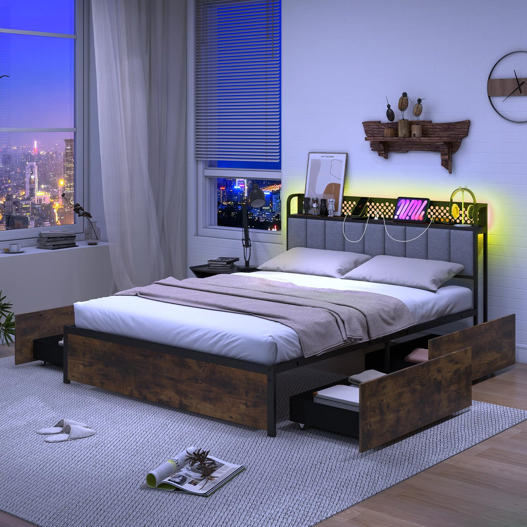 Giantex Queen/Full/Twin Size LED Bed Frame with Charging Station, Metal Platform Bed with Upholstered Headboard &amp; 4 Storage Drawers
