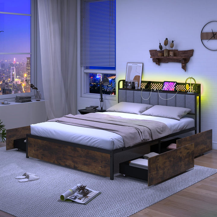 Giantex Queen/Full/Twin Size LED Bed Frame with Charging Station, Metal Platform Bed with Upholstered Headboard &amp; 4 Storage Drawers