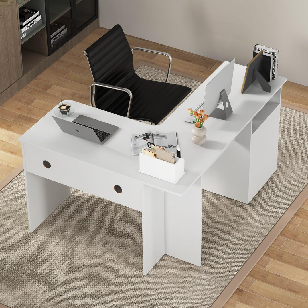 Giantex L Shaped Computer Desk with Drawers, 59" Corner Desk Workstation with Storage Shelf &amp; Cable Holes