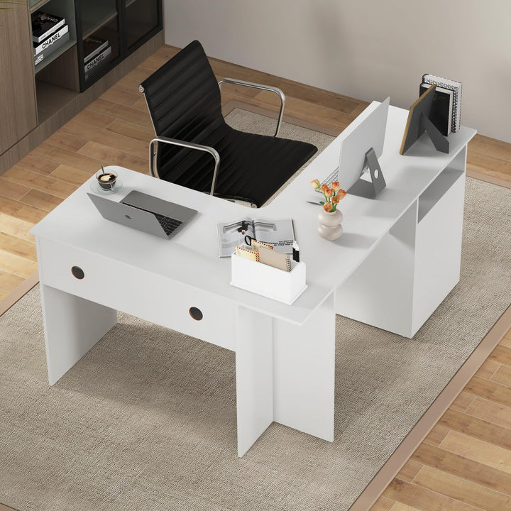 Giantex L Shaped Computer Desk with Drawers, 59" Corner Desk Workstation with Storage Shelf &amp; Cable Holes