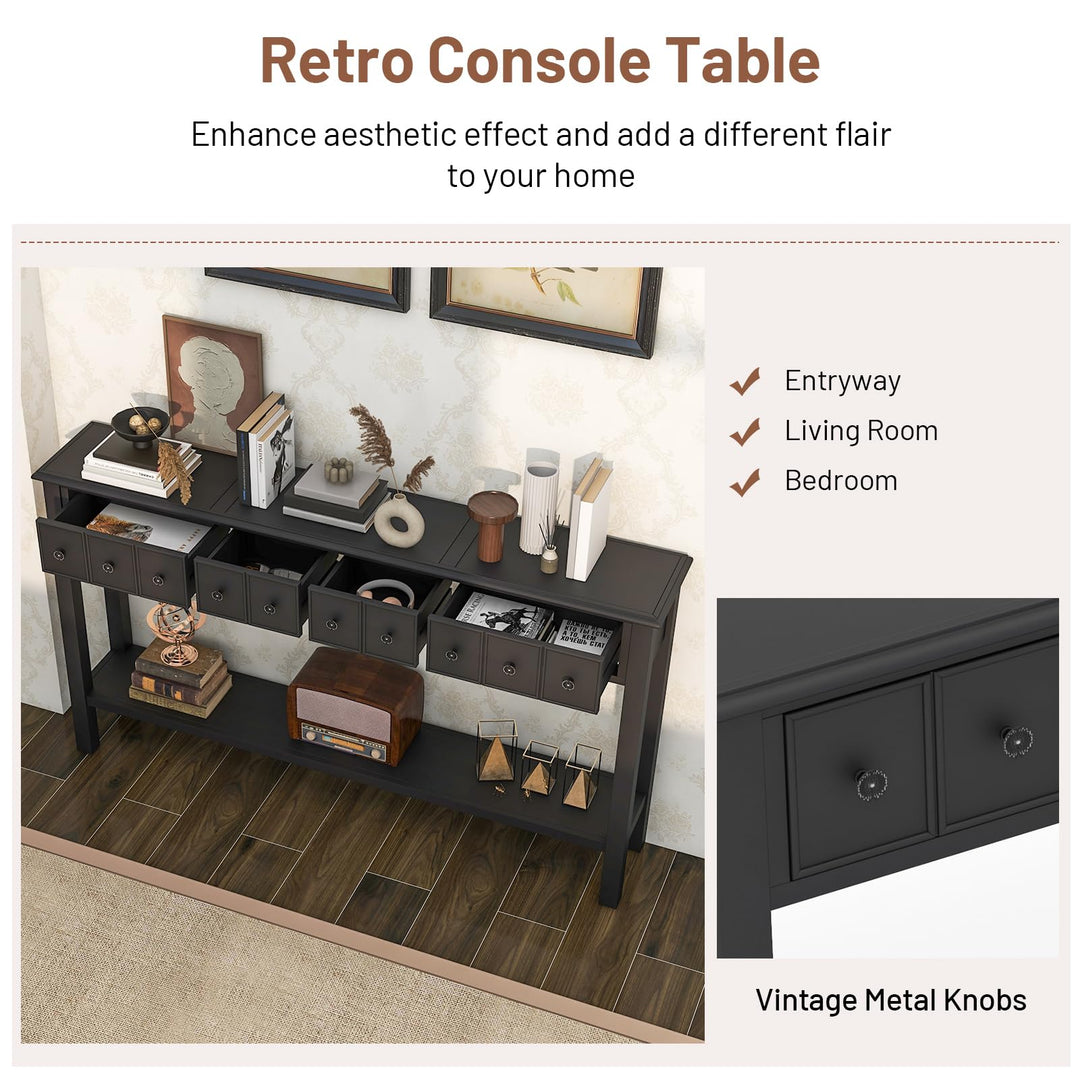 Giantex Narrow Console Table with Storage - 60" Long Sofa Side Table w/ 4 Drawers &amp; Open Shelf, Espresso