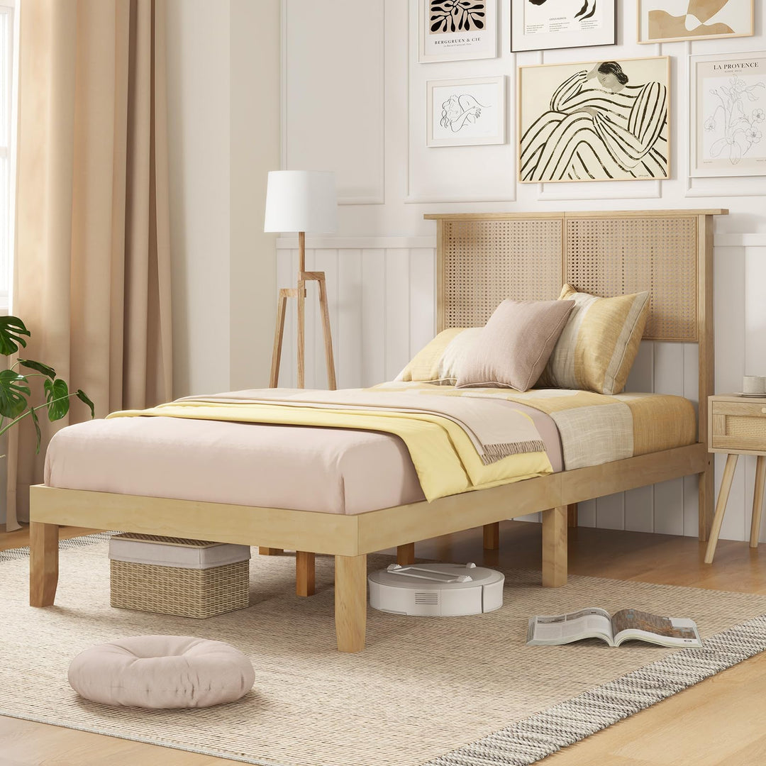 Giantex Queen/Full/Twin Size Bed Frames with Rattan Headboard, Boho Solid Wood Platform Bed with Wooden Slats