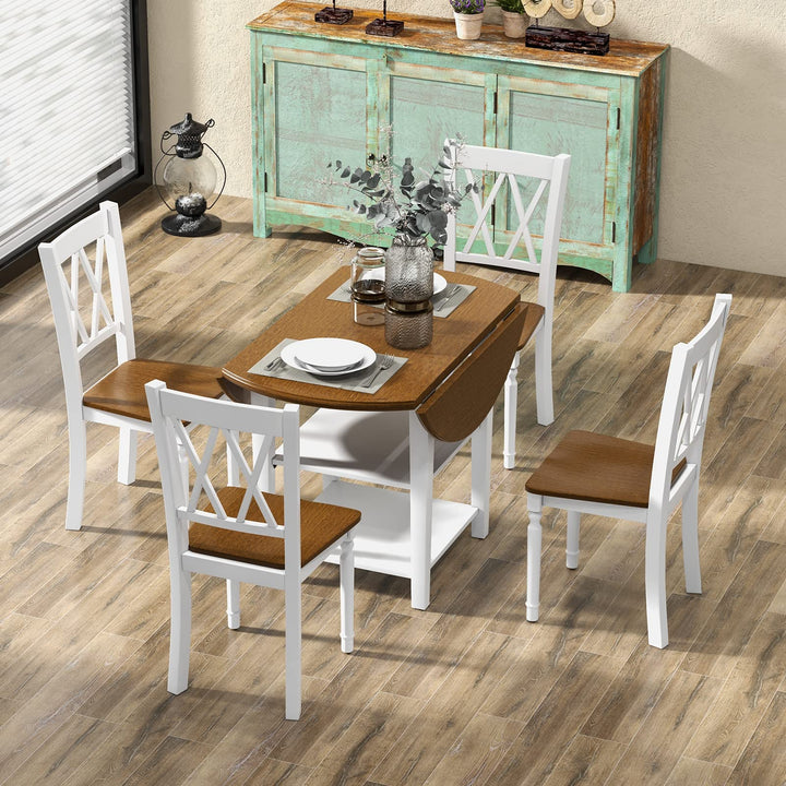 Giantex Dining Table Set for 4 w/Drop Leaf Round Kitchen Table &amp; 4 Chairs, Dining Room Table w/Storage