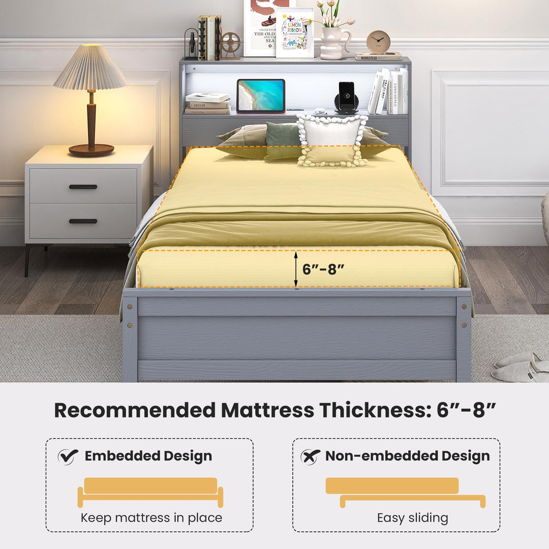 Giantex Twin Bed Frames with Storage Headboard, Wood Platform Bed with Charging Station &amp; LED Light
