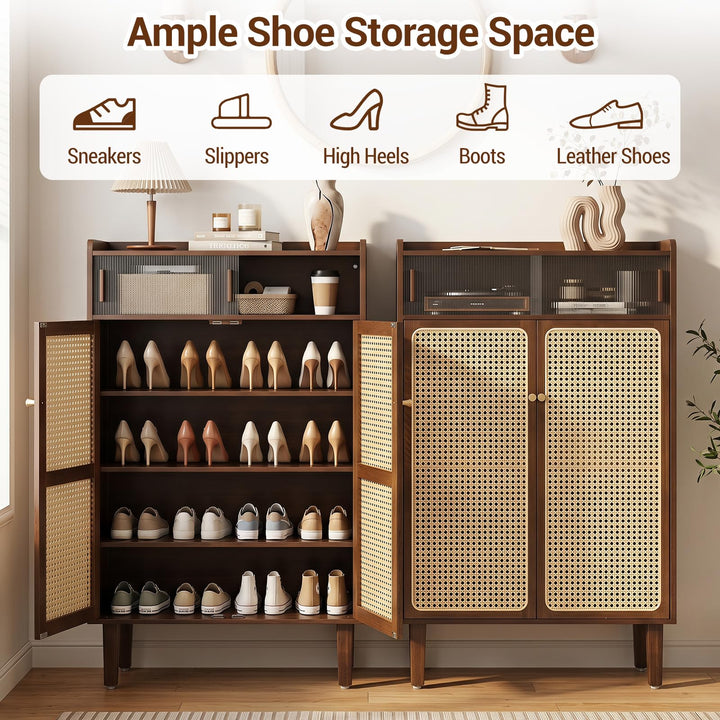 Giantex Bamboo Shoe Cabinet w/Woven Rattan Doors