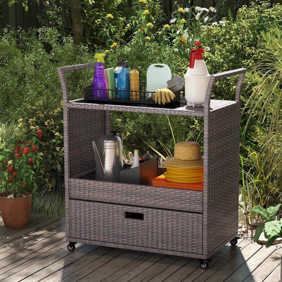 Giantex Rolling Wicker Cart W/Shelves and Big Drawer for Dining Room