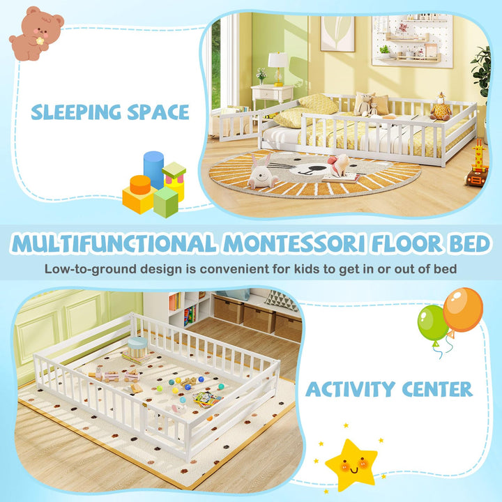 Giantex Floor Bed with Door &amp; Fence Kids Wood Montessori Beds with Safety Guardrails