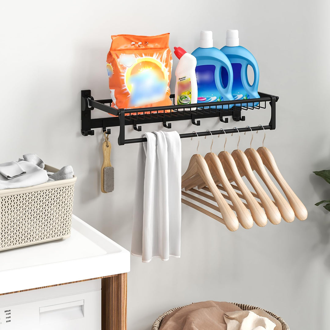 Giantex Foldable Towel Rack for Bathroom, Wall Mounted Towel Holder Organizer w/ 1 Basket, 1 Towel Bar &amp; 5 Sliding Hooks