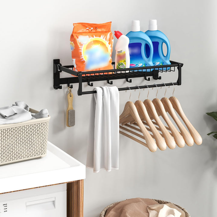 Giantex Foldable Towel Rack for Bathroom, Wall Mounted Towel Holder Organizer w/ 1 Basket, 1 Towel Bar &amp; 5 Sliding Hooks