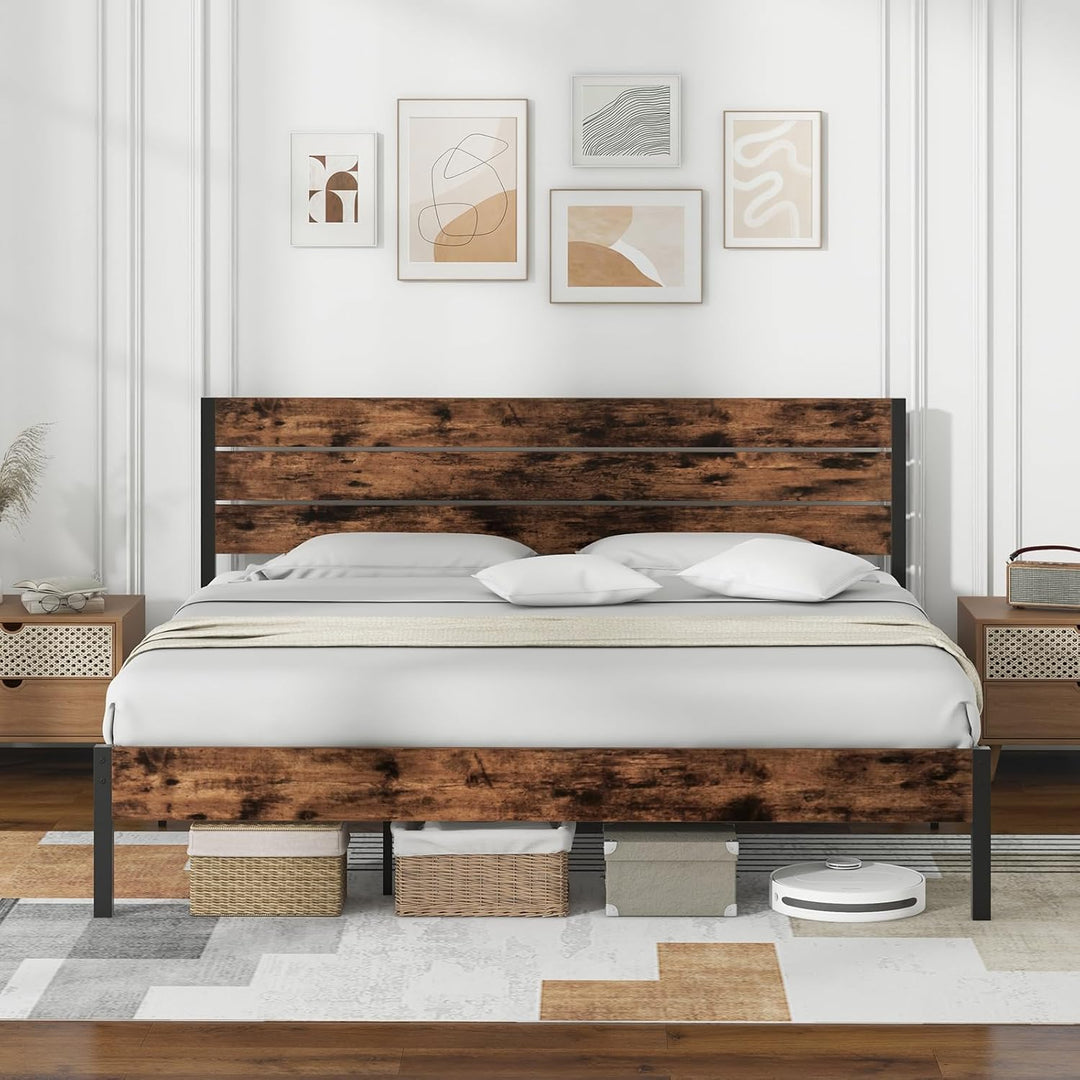 Giantex King/Queen/Full/Twin Size Metal Platform Bed Frame, Industrial Bed Frames with Wood Headboard