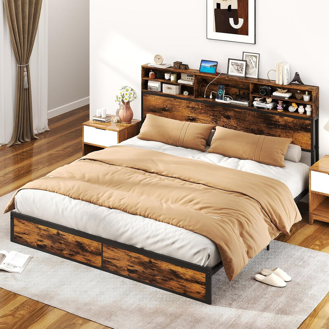Giantex King/Queen/Twin Size Bed Frame with Storage Headboard and Charging Station, Industrial Metal Platform Bed