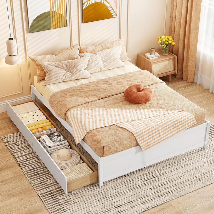 Giantex Queen/Full/Twin Size Bed Frame with 2 Storage Drawers, Solid Wood Platform Bed with Slats Support