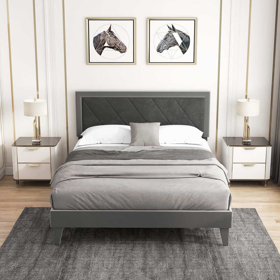 Giantex Full Size Velvet Bed Frame with Headboard, Modern Upholstered Platform Bed, No Box Spring Needed, Black &amp; Gray