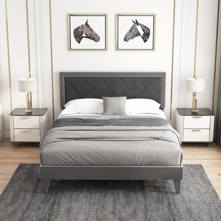 Giantex Full Size Velvet Bed Frame with Headboard, Modern Upholstered Platform Bed, No Box Spring Needed, Black &amp; Gray