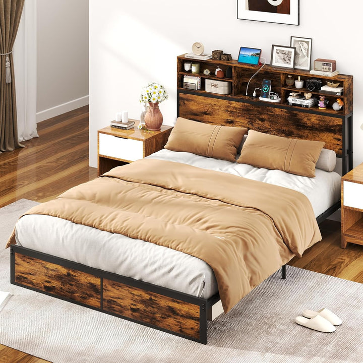 Giantex King/Queen/Twin Size Bed Frame with Storage Headboard and Charging Station, Industrial Metal Platform Bed