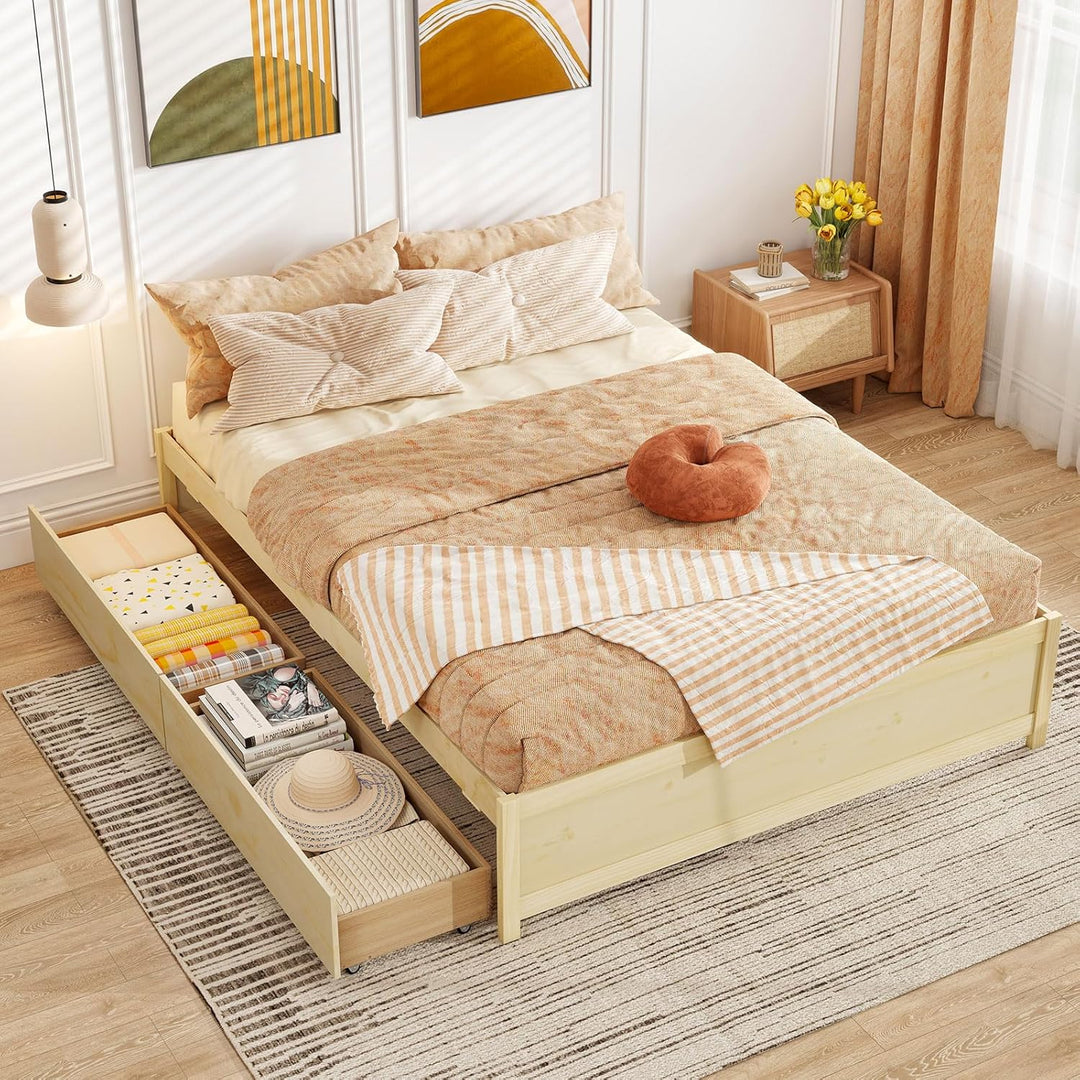 Giantex Queen/Full/Twin Size Bed Frame with 2 Storage Drawers, Solid Wood Platform Bed with Slats Support