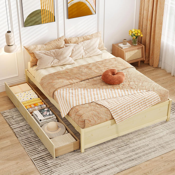 Giantex Queen/Full/Twin Size Bed Frame with 2 Storage Drawers, Solid Wood Platform Bed with Slats Support