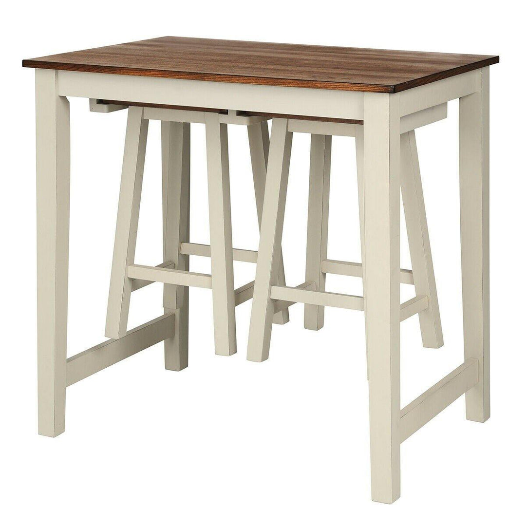 3 Piece Pub Dining Set, Counter Height Pub Table with 2 Saddle Bar Stools, Tavern Collection Table (Brown &amp; Milky White) - Giantexus