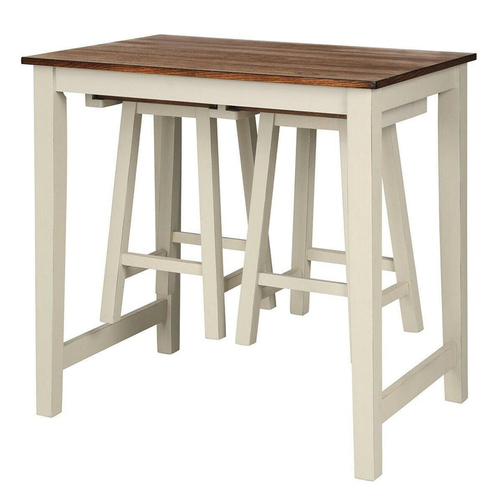 3 Piece Pub Dining Set, Counter Height Pub Table with 2 Saddle Bar Stools, Tavern Collection Table (Brown &amp; Milky White) - Giantexus