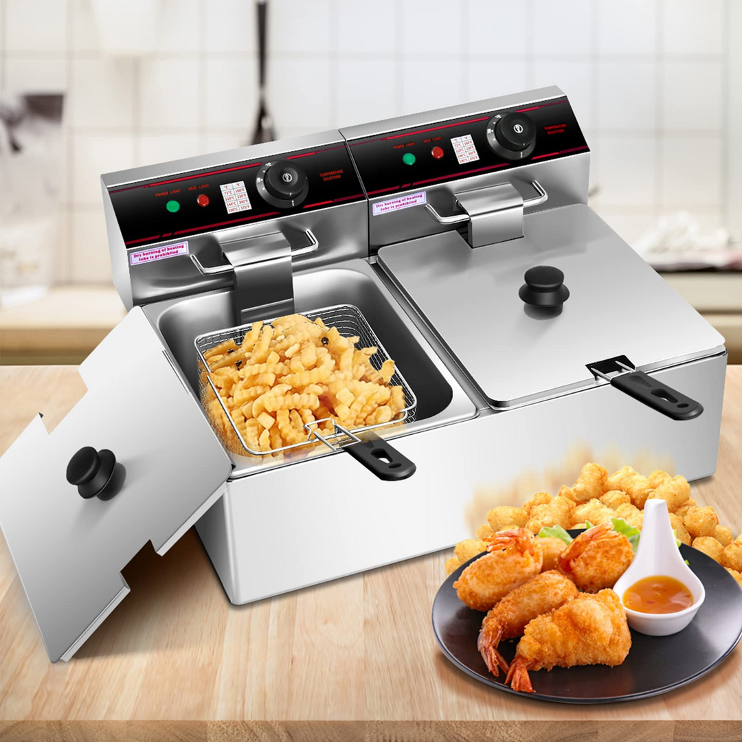 Giantex 3400W Commercial Deep Fryer Dual Tank, 12.8QT Stainless Steel Electric Deep Fryer with 2 Baskets