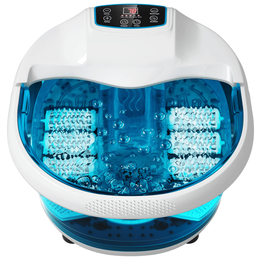 Giantex Foot Spa Bath Massager with Heat Bubbles, 6 Motorized Massage Rollers, Fast Heating, Red Light, Adjustable Temperature &amp; Time (Blue/White) - Giantexus