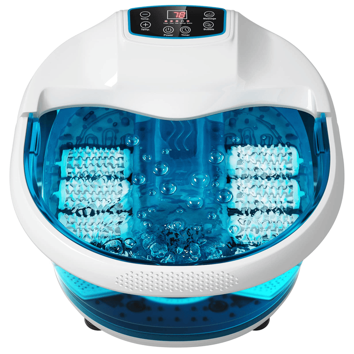 Giantex Foot Spa Bath Massager with Heat Bubbles, 6 Motorized Massage Rollers, Fast Heating, Red Light, Adjustable Temperature &amp; Time (Blue/White) - Giantexus