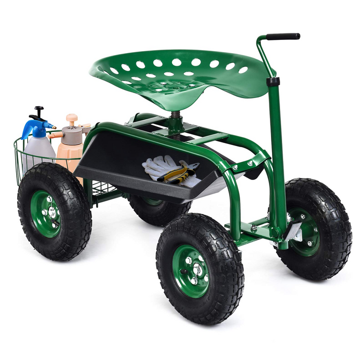 Giantex Garden Cart, 4-Wheel Gardening Workseat with Storage Basket