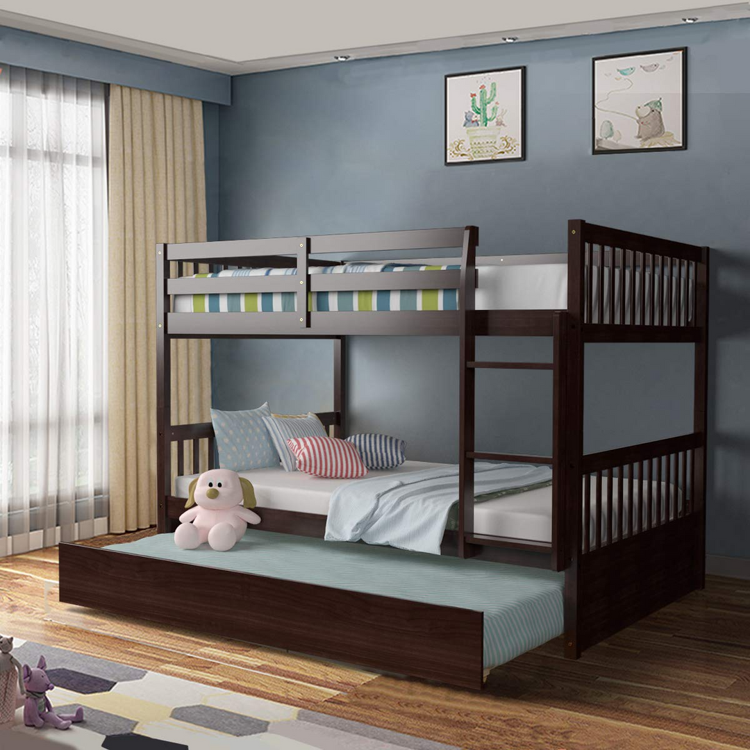 Giantex Full Over Full Bunk Bed with Trundle Guardrails and Ladder