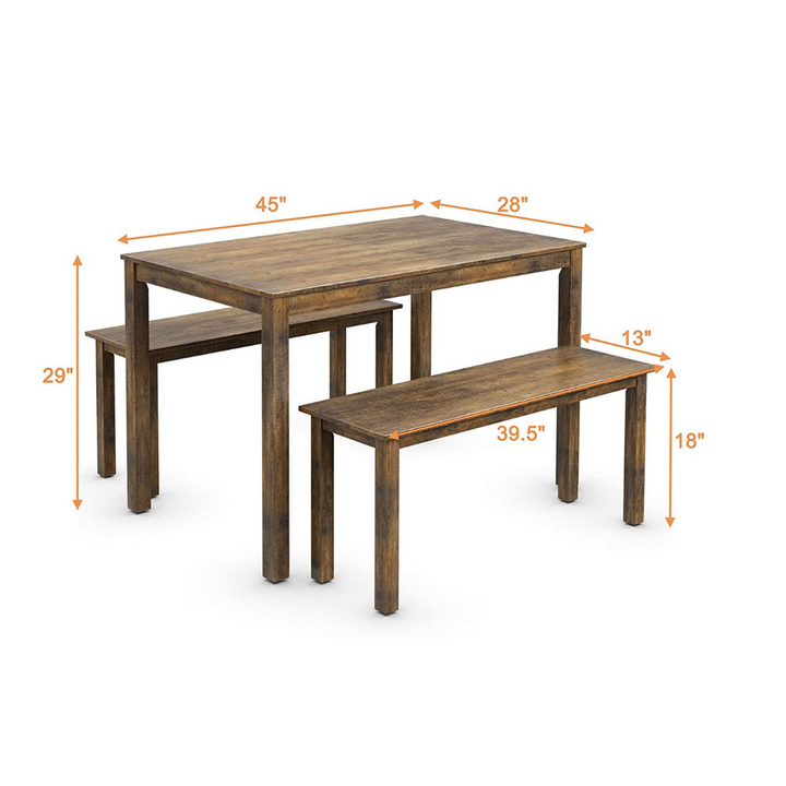 Wooden 3 Pcs Kitchen Dining Room Furniture for 4, Modern Studio Collection Table Set with 2 Benches, Dinette Set