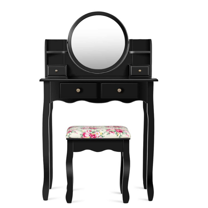 CHARMAID | Vanity Set with 4 Storage shelves and 4 Drawers, Makeup Table with 360?? Pivoted Round Mirror and Makeup Organizers - Giantexus