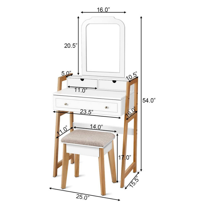 CHARMAID Vanity Set with 2-Tier Tabletop &amp; 3 Drawers, 25inch Dressing Table with Large Mirror and Cushioned Stool - Giantexus