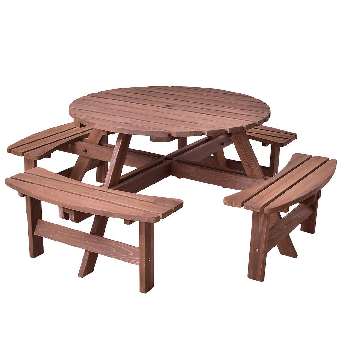 Giantex Wooden Picnic Table Set with Wood Bench, 4 Adults or 8 Kids Outdoor Round Table with Umbrella Hold Design