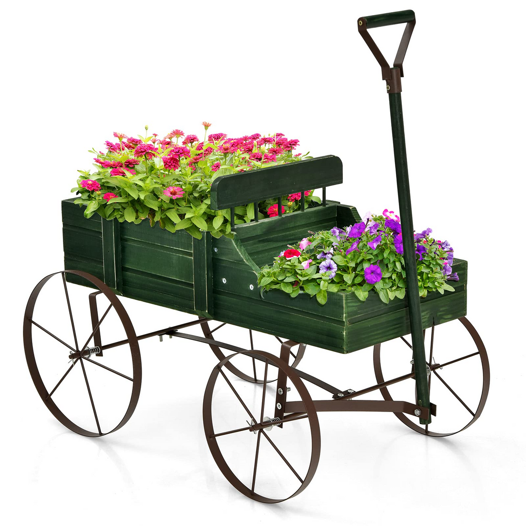 Giantex Decorative Garden Planter, Small Wagon Cart with Metal Wheels, Wood Raised Beds Plant Pot Stand for Backyard Garden Patio 24.5"x13.5"x24"