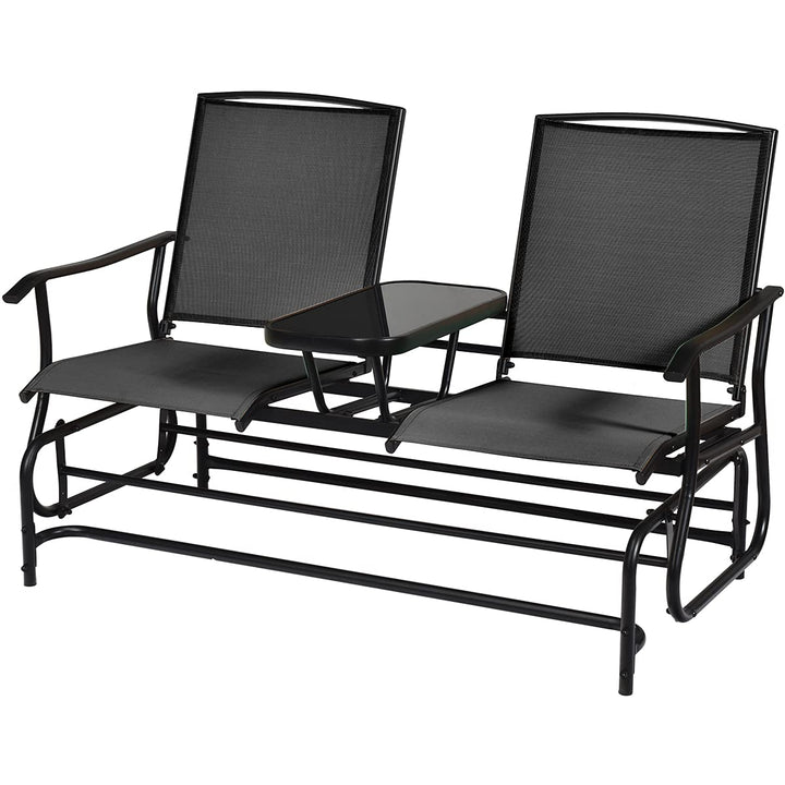 Giantex 2 Person Outdoor Double Glider Chair, Mesh Fabric Rocking Chair w/Center Tempered Glass Table