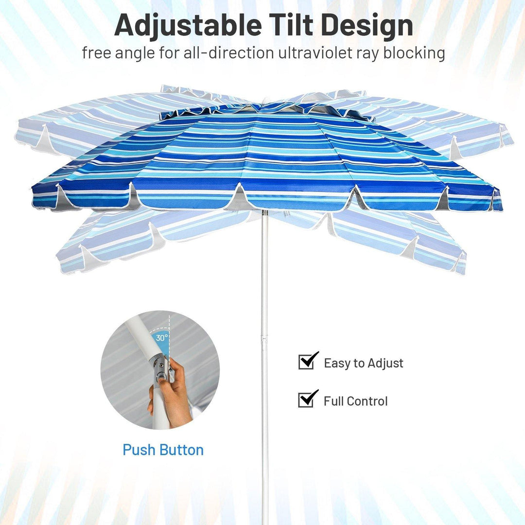 8 Ft Beach Umbrella, Patio Sunshade Umbrella with Sand Anchor &amp; Tilt Mechanism, 16 Fiberglass Ribs - Giantexus