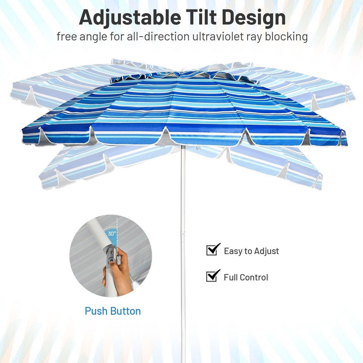 8 Ft Beach Umbrella, Patio Sunshade Umbrella with Sand Anchor &amp; Tilt Mechanism, 16 Fiberglass Ribs - Giantexus