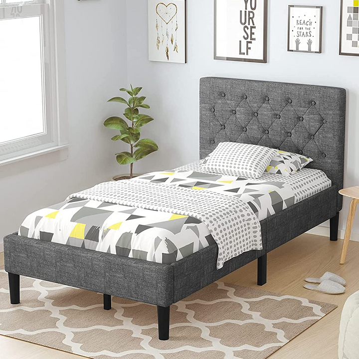 Elegant &amp; Modern Style Twin Size Upholstered Stable Bed Base with Button Stitched Headboard