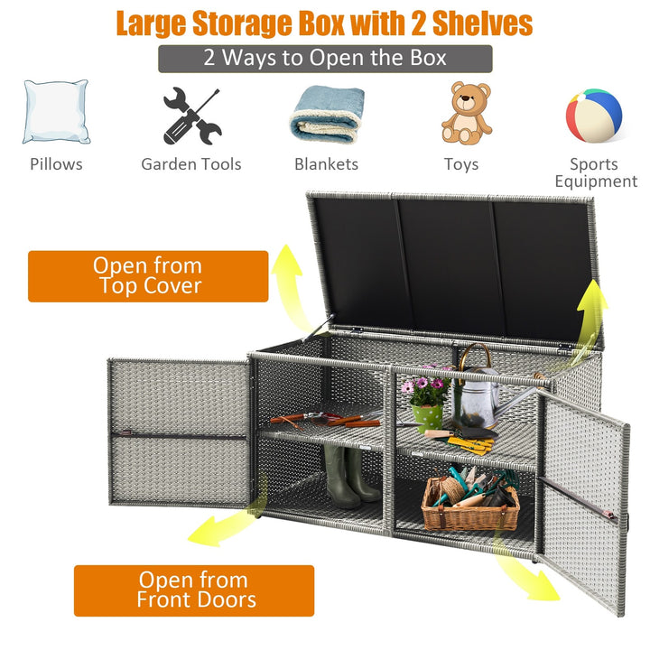 Rattan Deck Box Outdoor&amp;Indoor 88 Gallon Wicker Storage Bench W/Separate Storage Shelf