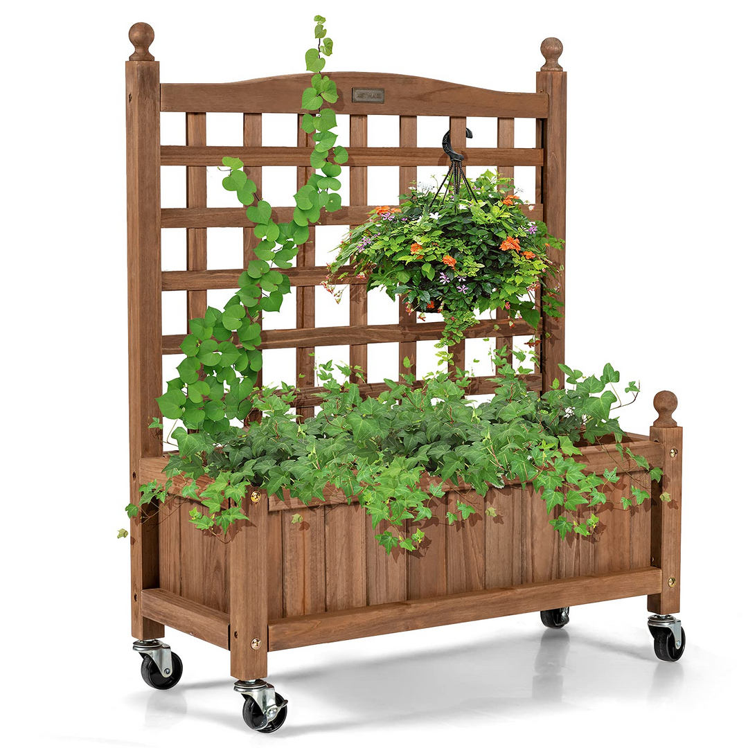 Wood Planter with Lattice Trellis and Wheels, 25&