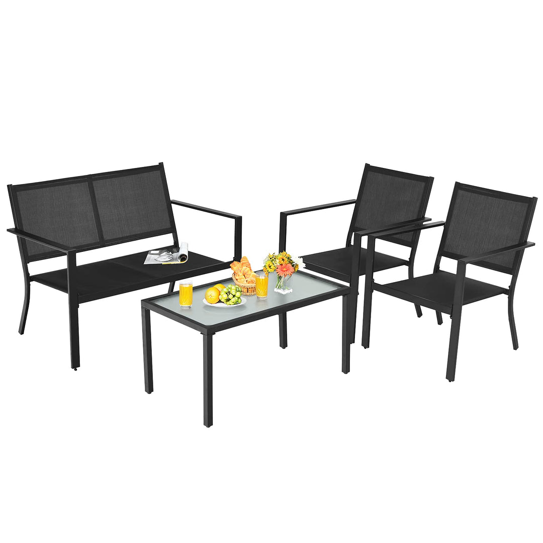Giantex 4 Pieces Patio Furniture Set, Outdoor Conversation Set, Loveseat Bench with 2 Patio Chairs &amp; Tempered Glass Coffee Table